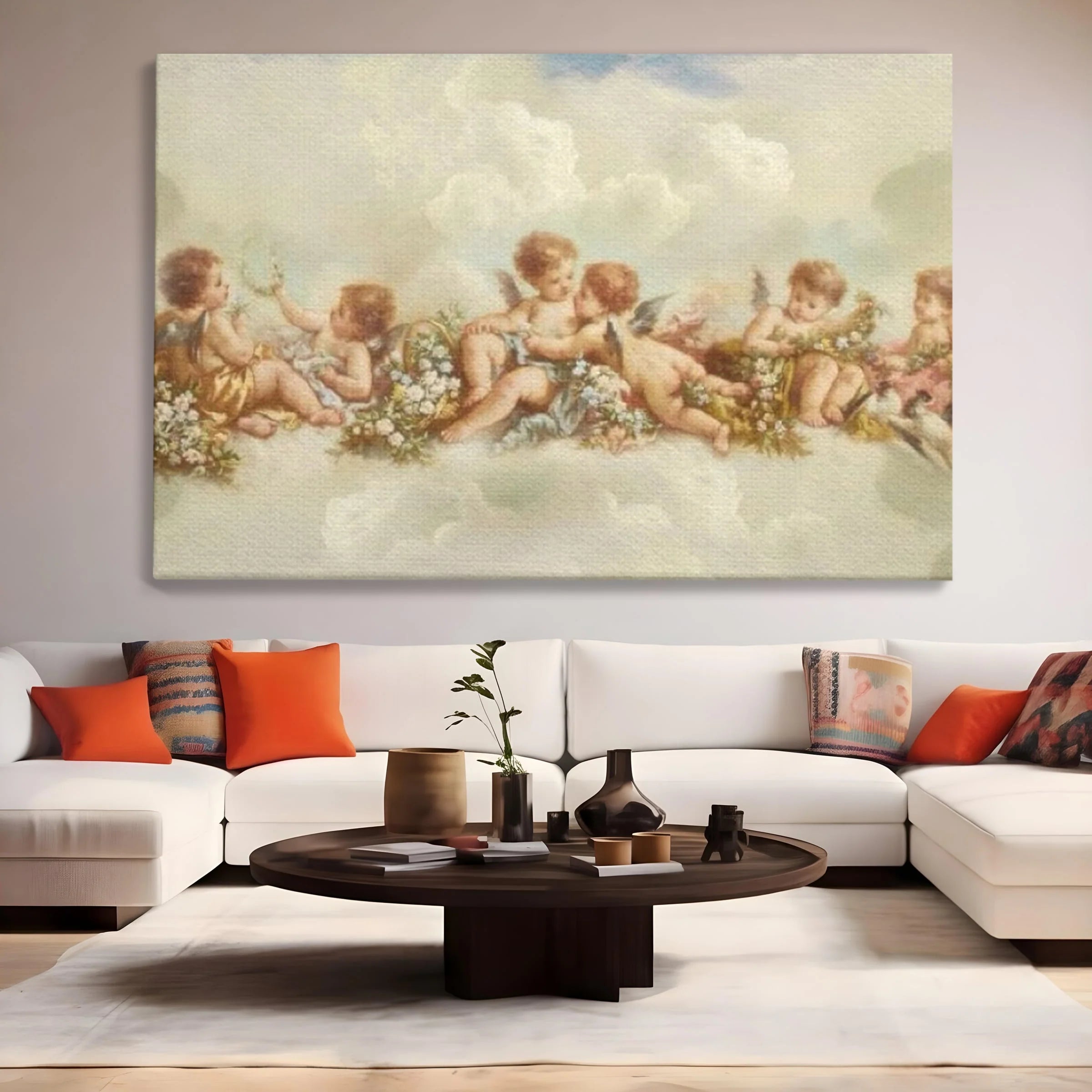Tablou canvas cu pictura canvas cu ingerase pe nori, fara rama, pe sasiu de lemn, pe perete intr-un living